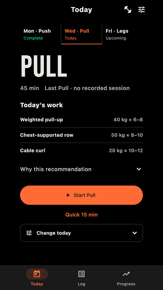 Mazao's Today screen: a Pull session with three exercises and their target loads