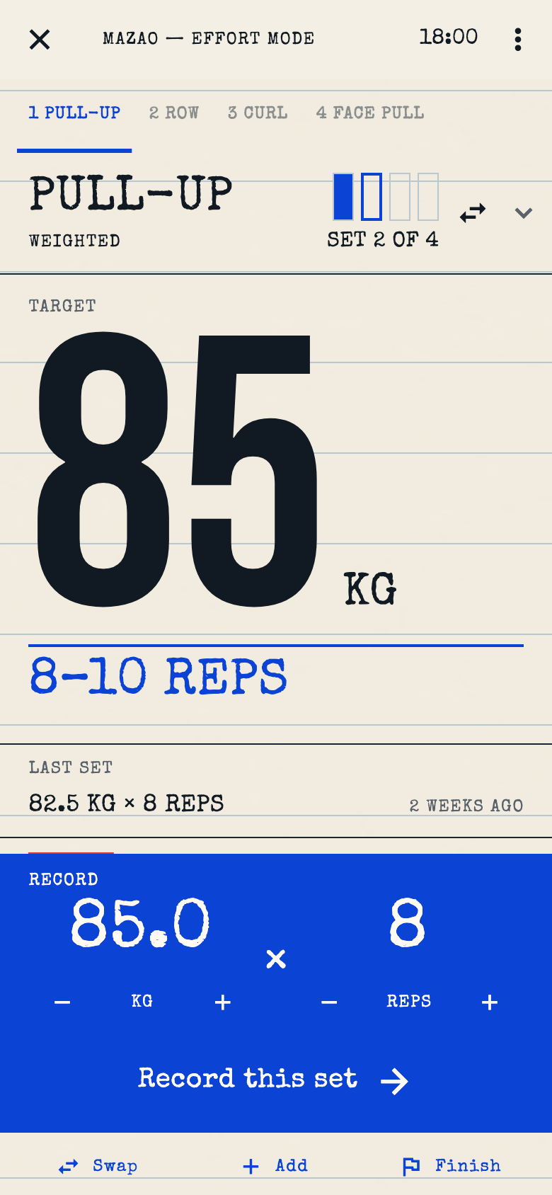 Mazao workout recorder showing a weighted pull-up target of 85 kilograms and an immediate record action